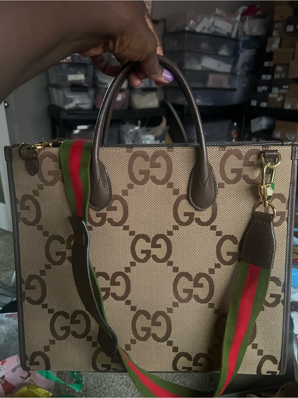 Gucci Monogram Canvas Tote with Green-Red Strap
